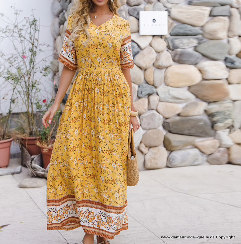 Kleider 2021 Maxi Boho Sommerkleid In Gelb Mit Blumenmuster Damenmode Gunstig Online Kaufen