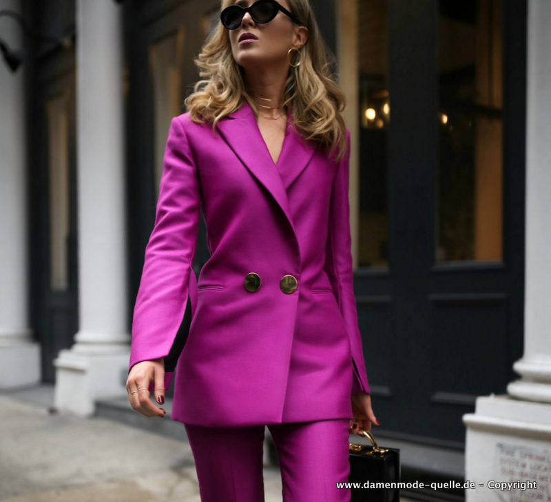 Damen Outfits Zweiteiler, Damen Hosenanzug in Pink mit Smoking Blazer