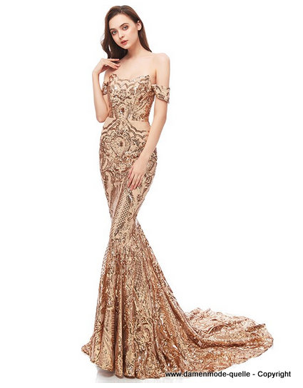 Luxus Meerjungfrau Abendkleid Schulterfrei in Gold mit Stick