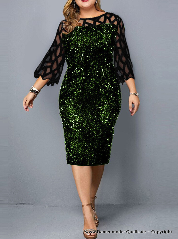 Elegantes Bodycon Plus Size Midi Kleid mit Pailletten in Dunkelgrün