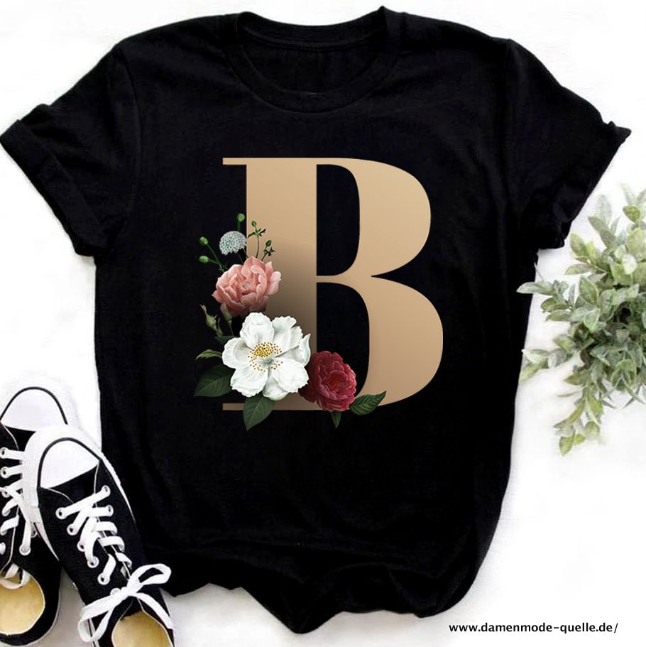 Buchstaben Trend T-shirt Blume Brief Schrift A B C D E F G Kurzarm Top schwarz B