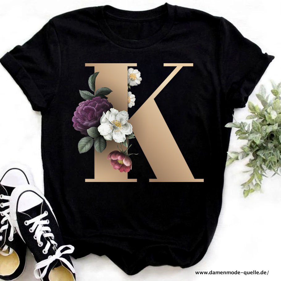 Buchstaben Trend T-shirt Blume Brief Schrift A B C D E F G Kurzarm Top schwarz K