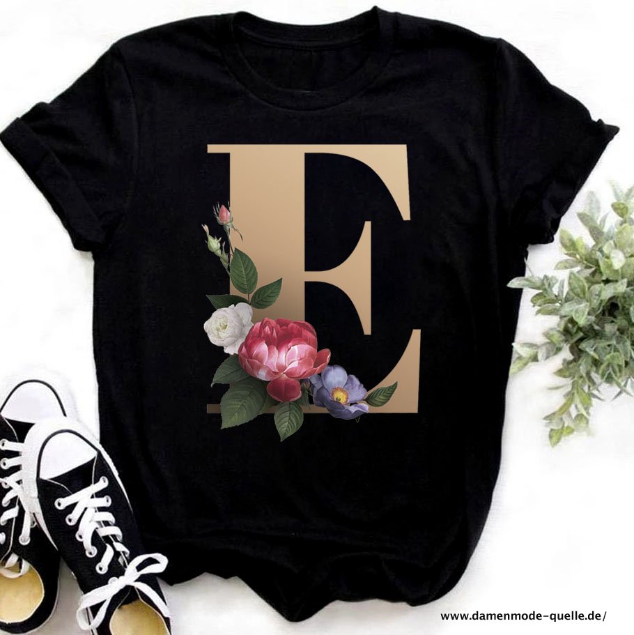 Buchstaben Trend T-shirt Blume Brief Schrift A B C D E F G Kurzarm Top schwarz E
