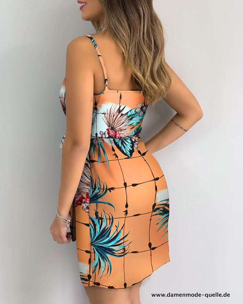Tropical Druck V-Ausschnitt Kleid Ärmelloses Sommerurlaub Minikleid Orange