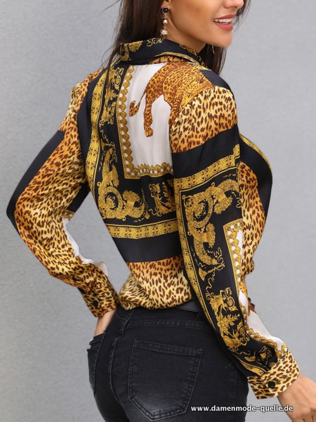 Damen Bluse Leoparden-print Knoten Langarm Bluse