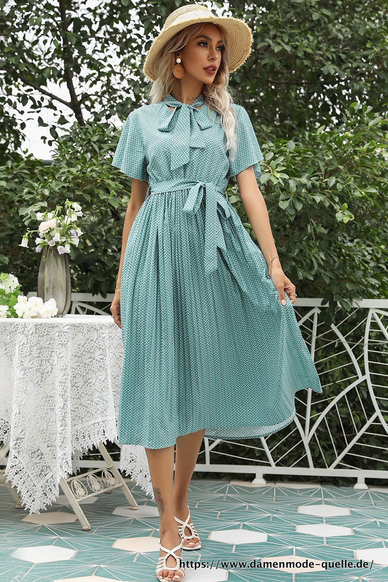 Kurzarm Plissee Kleid Elegant Grün Midi Kleid Mit Gürtel 