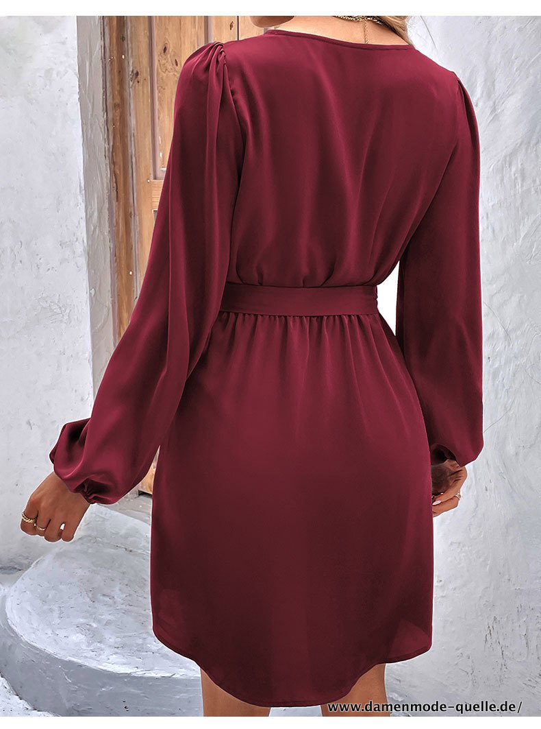 Langarm Kleid für Damen V-Ausschnitt Kurzes Kleid mit Gürtel Dunkelrot