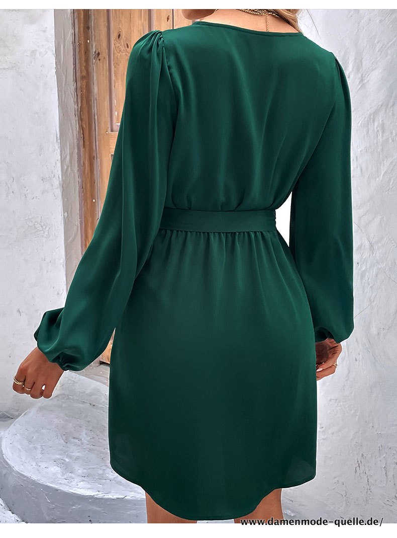 Langarm Kleid für Damen V-Ausschnitt Kurzes Kleid mit Gürtel  Grün