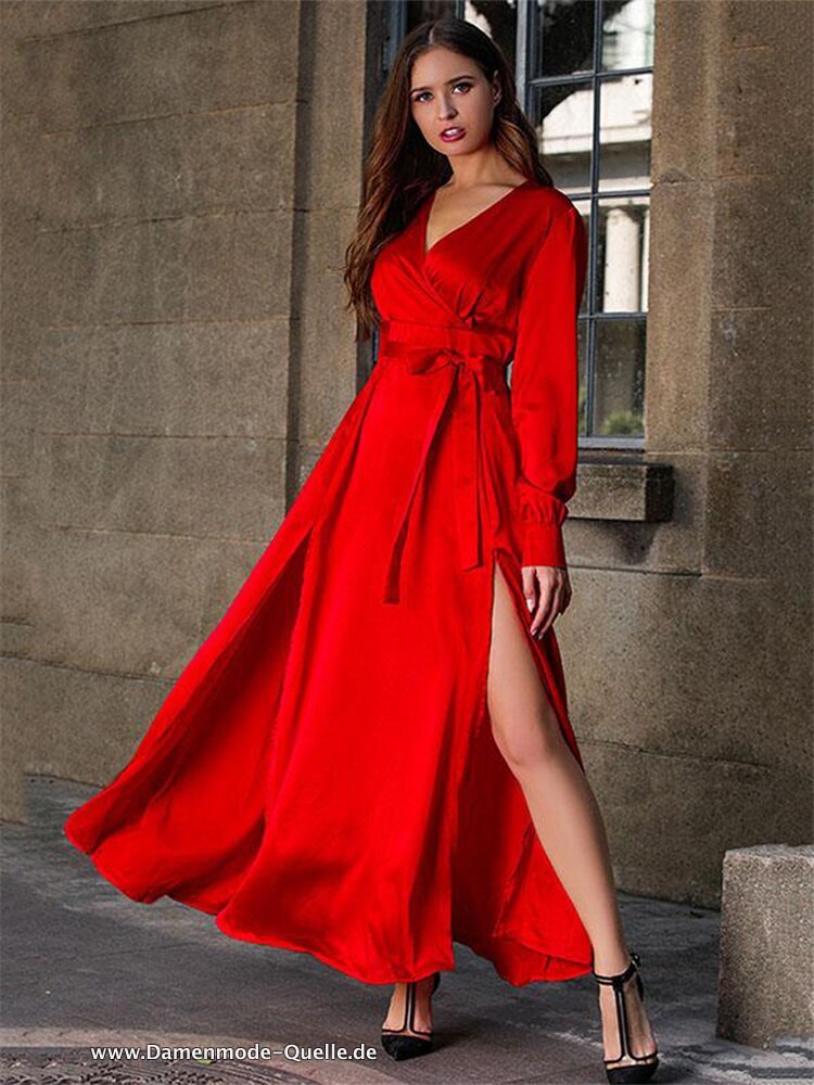 2023 Langarm Rüschen  Urlaub Maxi Kleid Party Kleider Rot