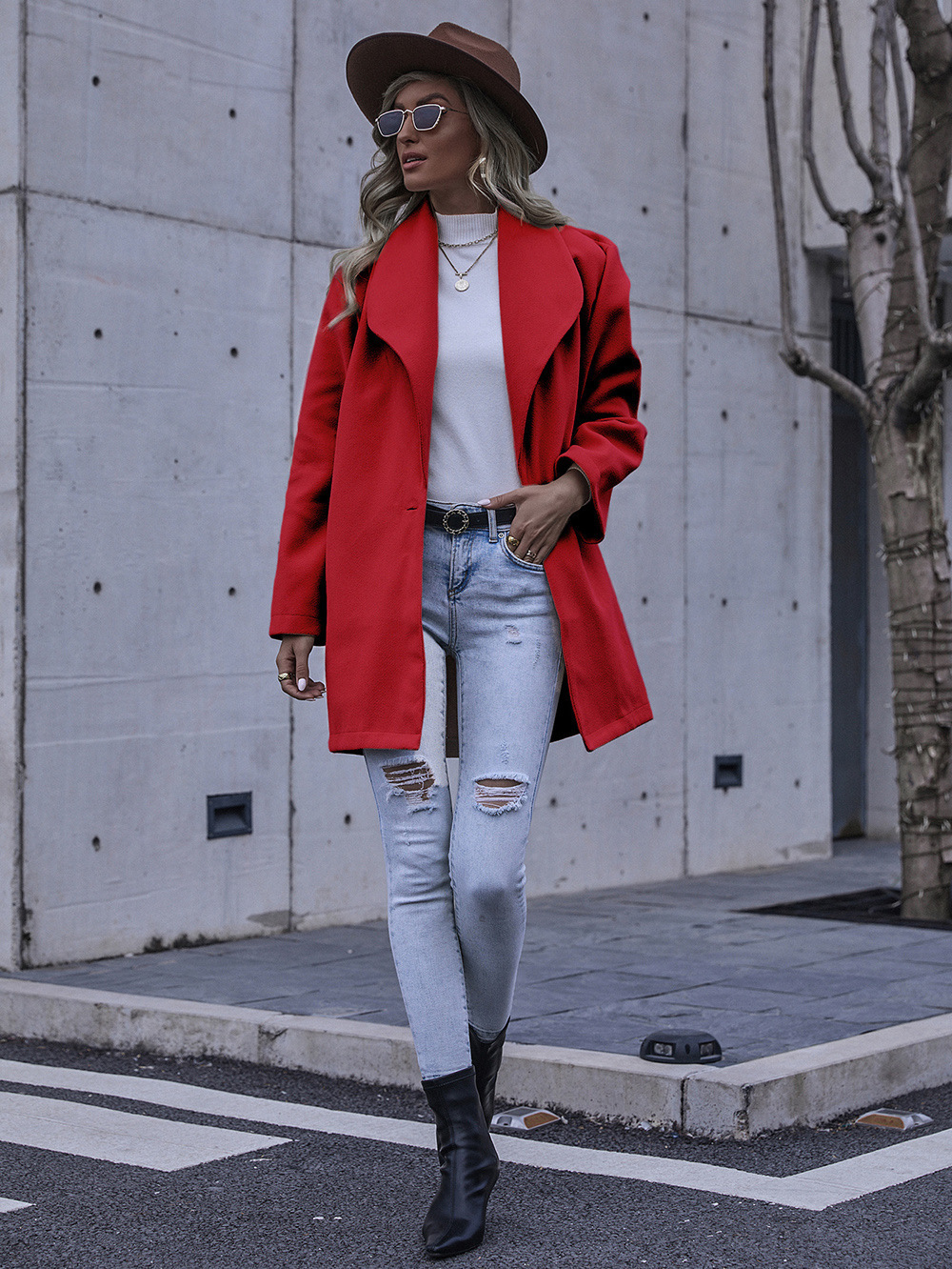 2023 Mantel Rot Einfarbig Wolle Polo Kragen für Ladys