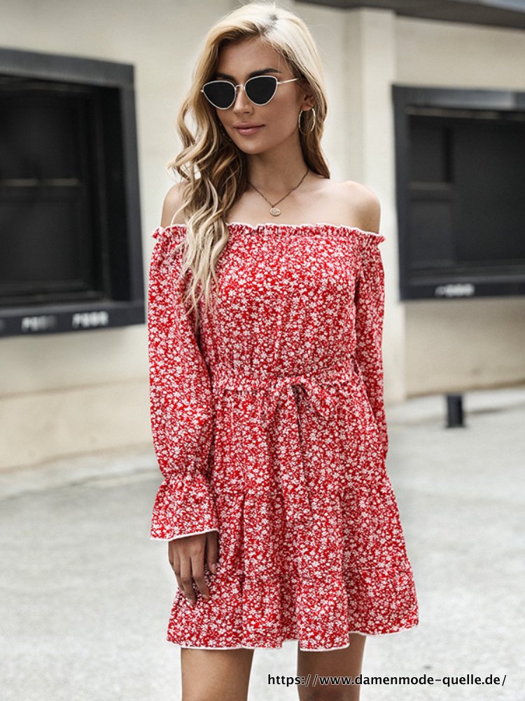 2023 Sommer Sexy Schulterfreies Kurze Kleid für Damen Blumenmuster Langarm Stran