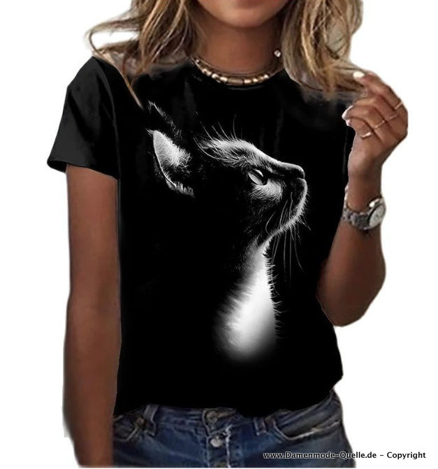 3D Katzen Print Damen T-Shirt in Schwarz Weiß