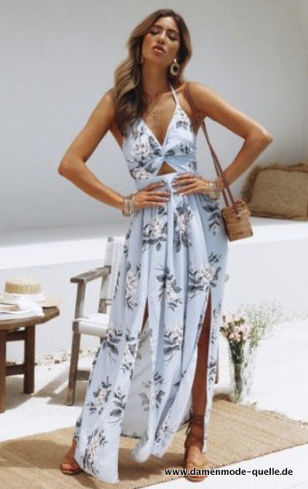 A Linie Blumen Print Beach Sommerkleid Lang Weiß