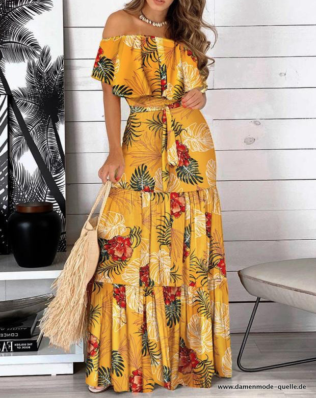 A Linie Blumen Print Sommerkleid Schulterfrei Gelb