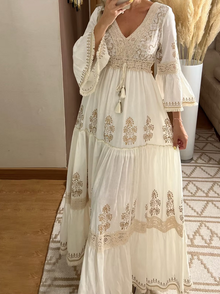  A-Linie Boho Sommerkleid 2025 in Elfenbein Lang mit Spitze