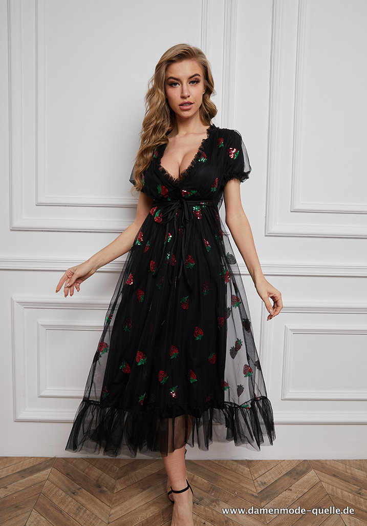 A Linie Chiffon Tüll Kleid Elegant in Schwarz mit Erdbeermuster