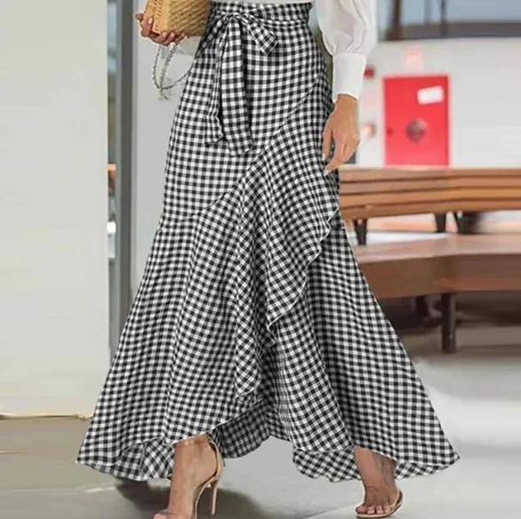 A Linie Damen Sommer Rock Asymmetrisch Kariert in Schwarz Weiß