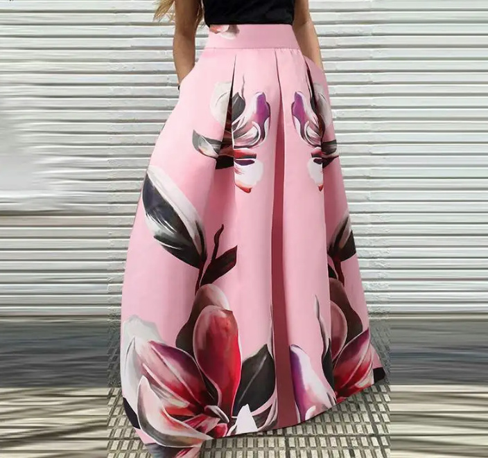 A Linie Maxi Satin Sommer Rock 2024 Marei Lang in Rosa mit Blumen