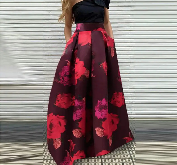 A Linie Maxi Satin Sommer Rock 2024 Marei Lang in Weinrot mit Blumen