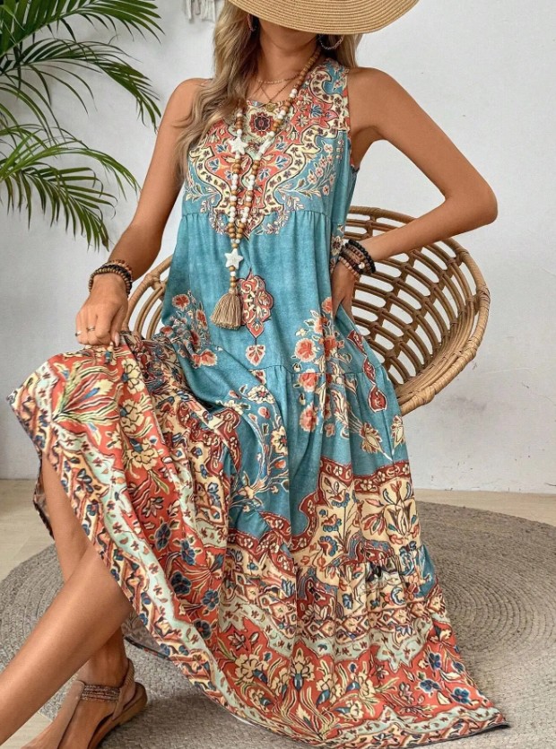  A-Linie Maxi Sommerkleid 2025 Ebba mit Vintage Muster