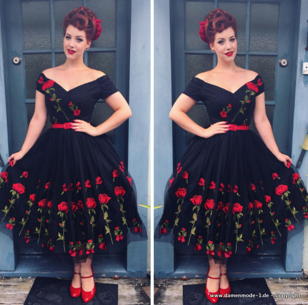 A Linie Rockabilly Style Kleid Elegant mit Rote Rosen Schwarz
