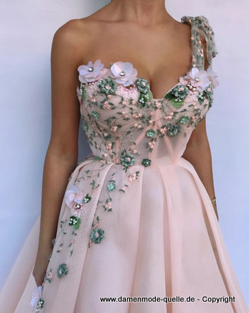 A-Linie Tüll Blumen Perlen Abendkleid in Rosa