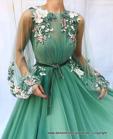 A Linie Tüll Stickereien Abendkleid mit 3D Blumen