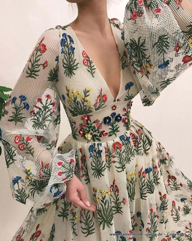 A Linie Vintage Style Sommerkleid Elegant mit Blumen Stickereien