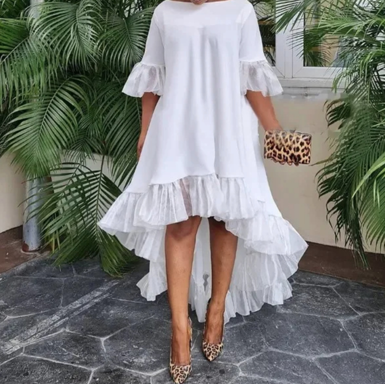 A Linie Vokuhila Sommerkleid Elegant in Weiß mit Dreiviertelärmel