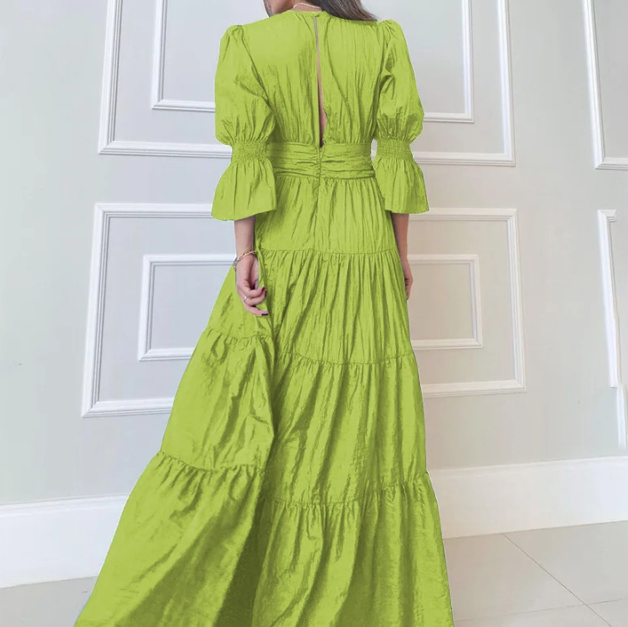  A-linie Maxi Sommerkleid mit V Ausschnitt Lang in Grün