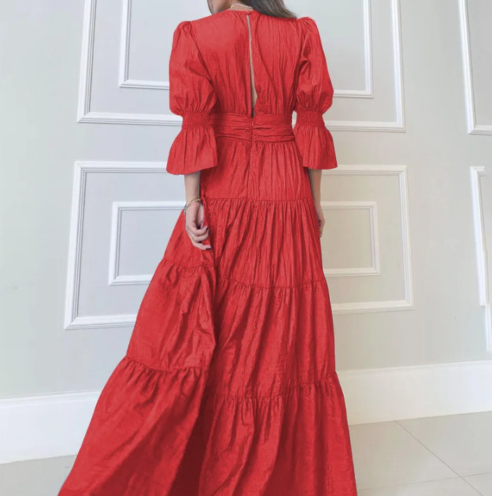  A-linie Maxi Sommerkleid mit V Ausschnitt Lang in Rot