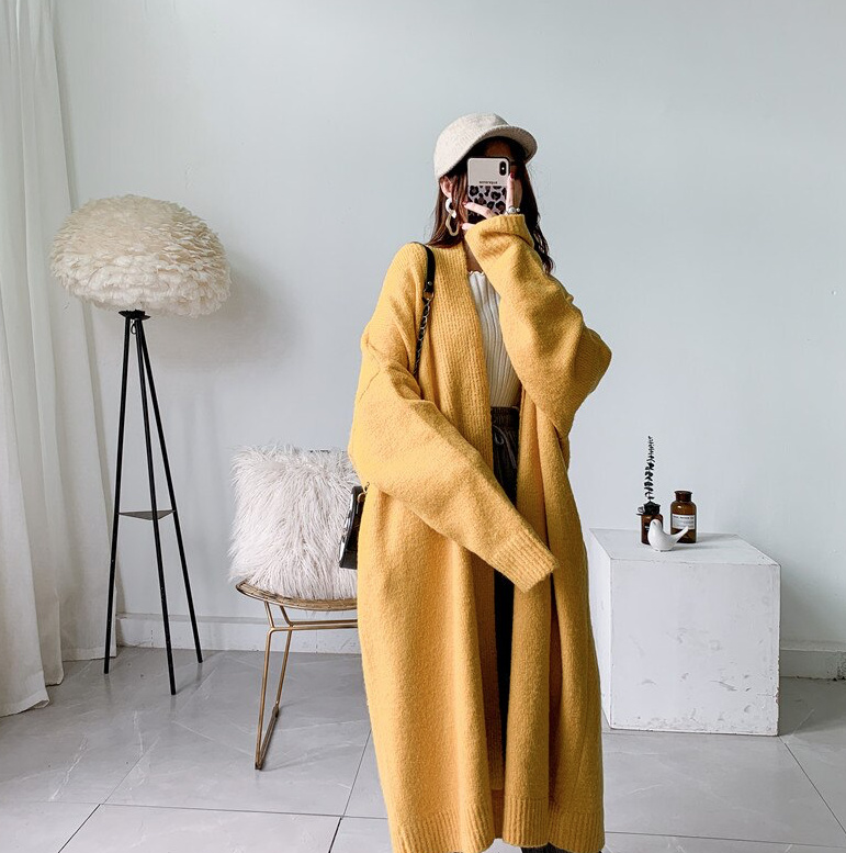 Alpaka Mischung Pullover Strickjacke Lang für Damen in Gelb