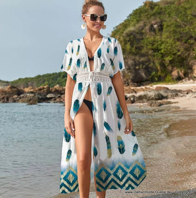 Beach Cover Up Strandkleid Lang zum Binden mit Federn