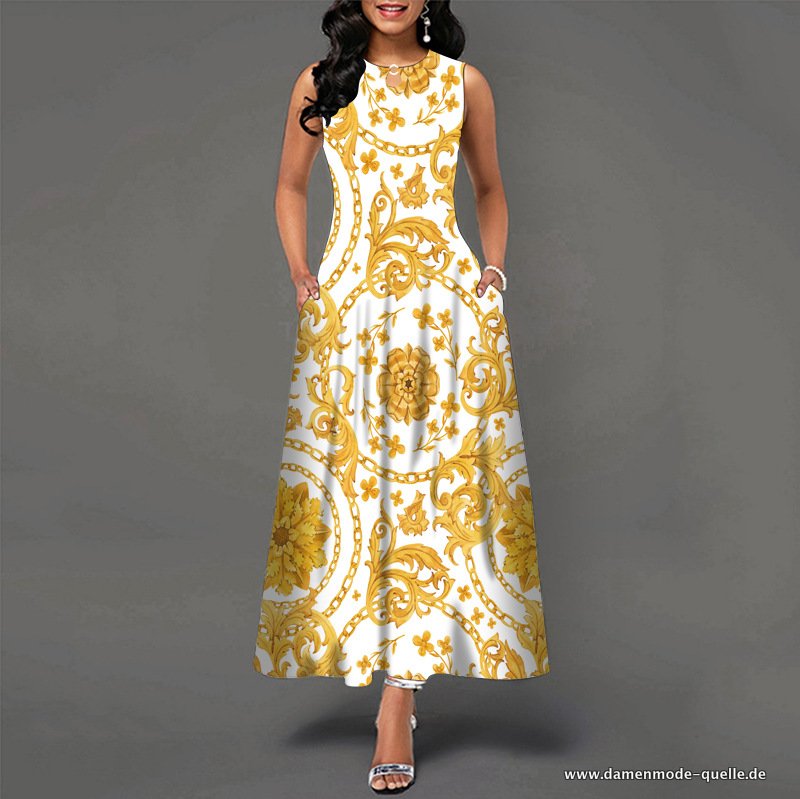 Bedrucktes Elegantes Kleid für Damen Sexy Hohe Taille Ärmelloses Kleid Gold Weiß