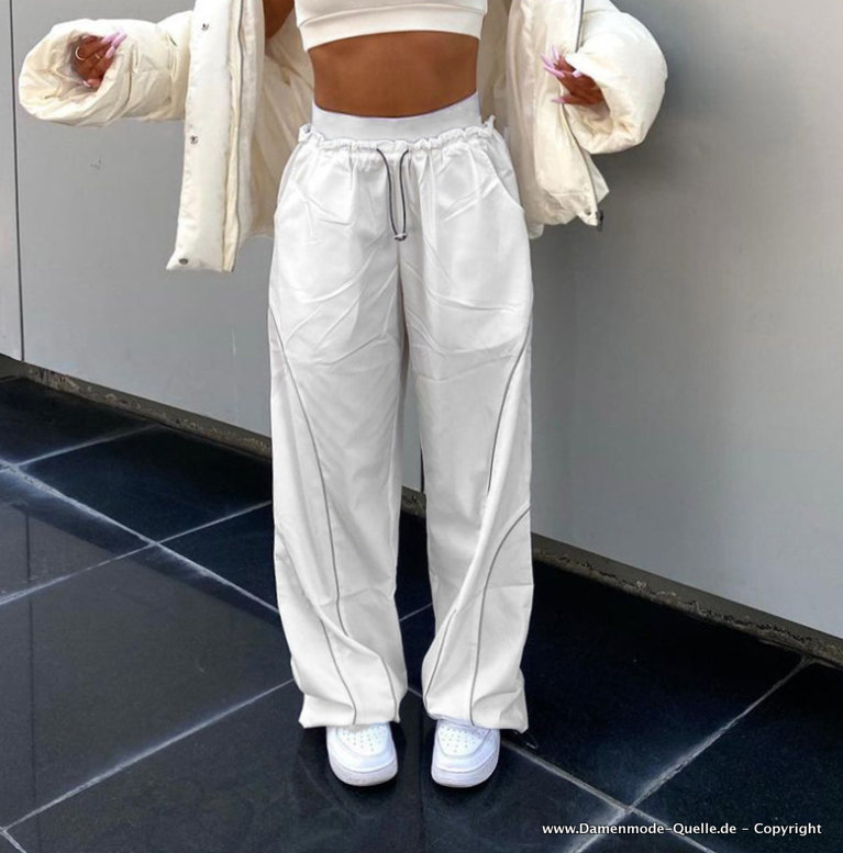 Bequeme Streetwear Freizeit Hose für Damen in Weiß mit Hohe Taille