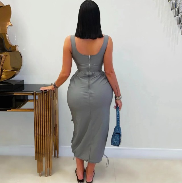 Bleistift Cargo Sommerkleid 2025 Ärmellos mit Taschen Grau
