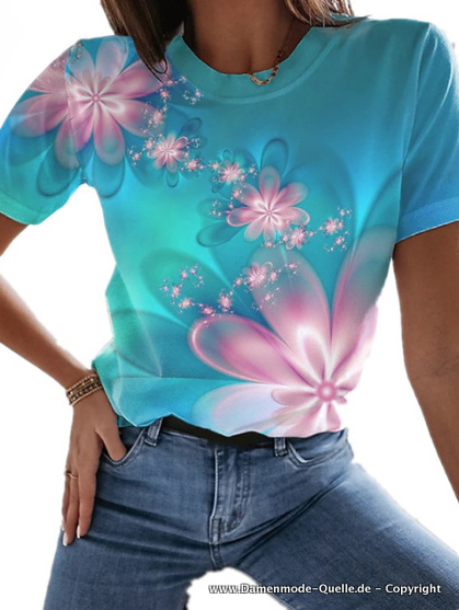 Blumen Print Damen Sommer Shirt in Hellblau