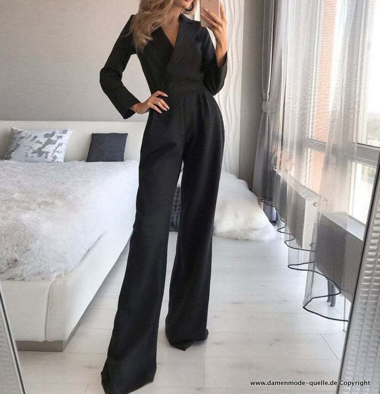 Bodycon Overall Jumpsuit Einteiler in Schwarz mit Reverskragen