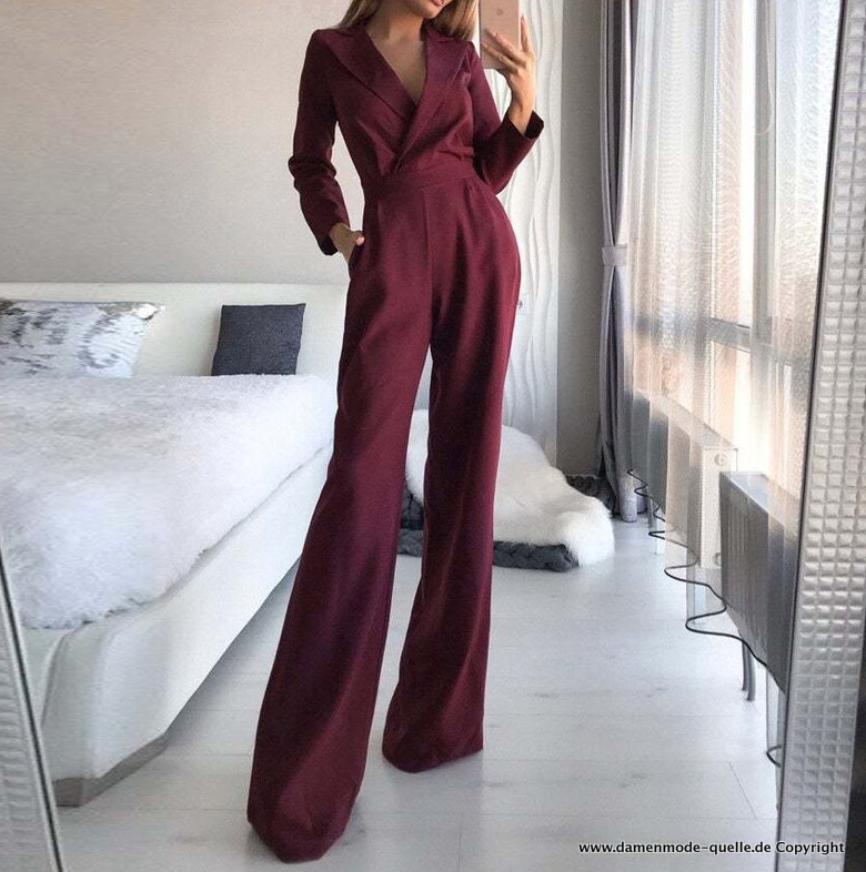 Bodycon Overall Jumpsuit Einteiler in Weinrot mit Reverskragen