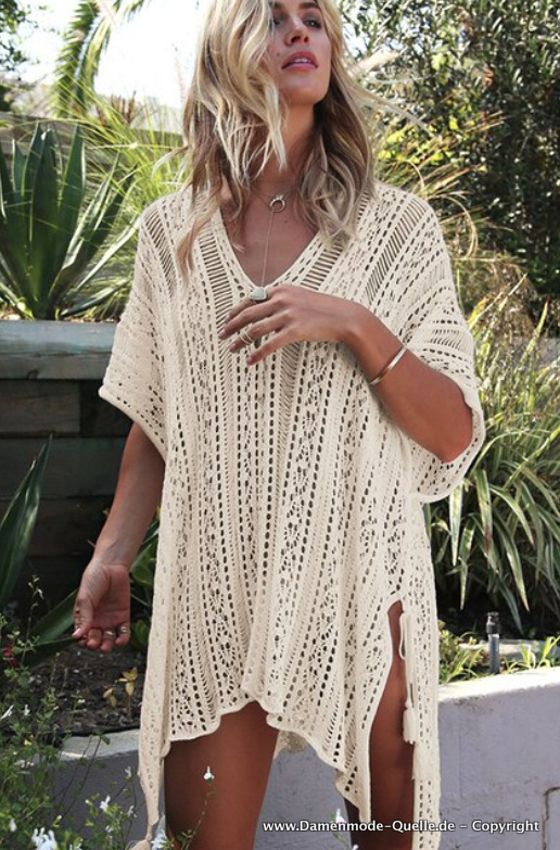 Boho Cover Up Sommer Tunika Strandkleid Gestrickt in Creme