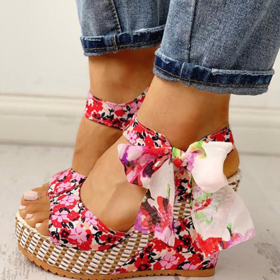 Boho Keil Sommerschuhe in Rosa mit Blumen