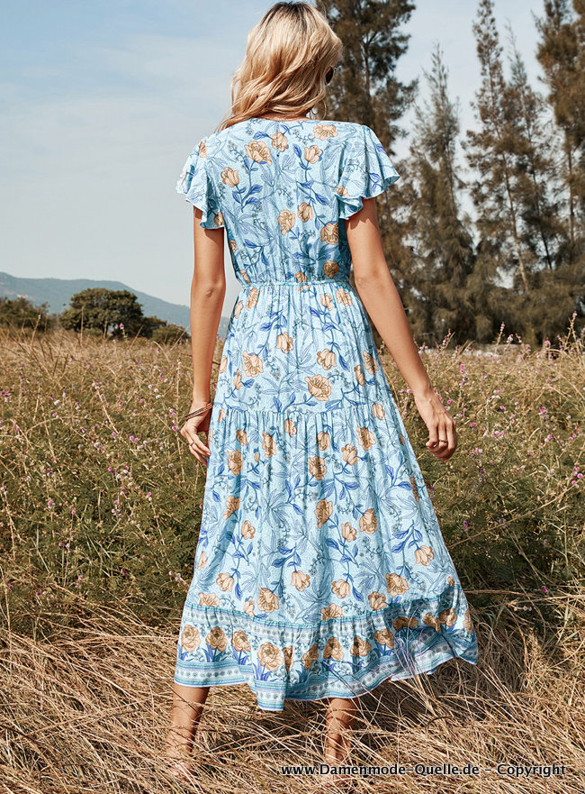 Boho Maxi Blusen Sommerkleid in Blau mit Blumenmuster Leger