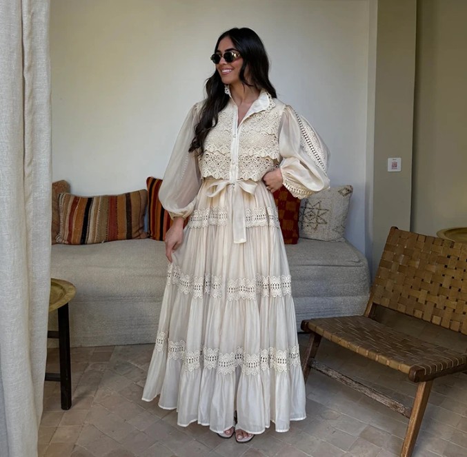 Boho Style Sommerkleid 2025 mit Laternen Ärmel und Spitze Ivory