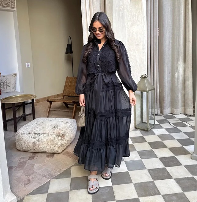 Boho Style Sommerkleid 2025 mit Laternen Ärmel und Spitze Schwarz