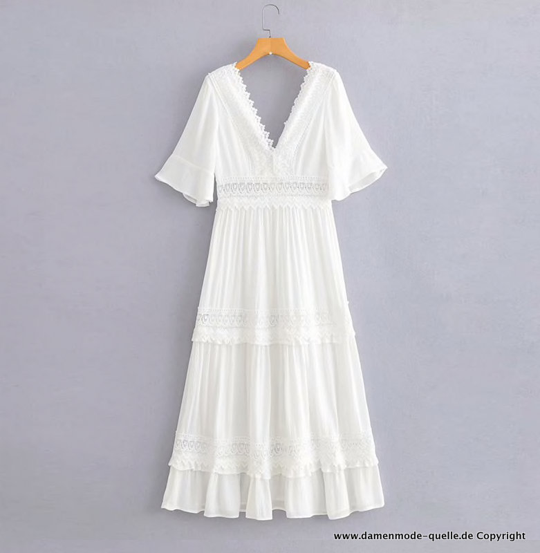 Bohostyle Maxi Sommerkleid in Weiß mit Spitze