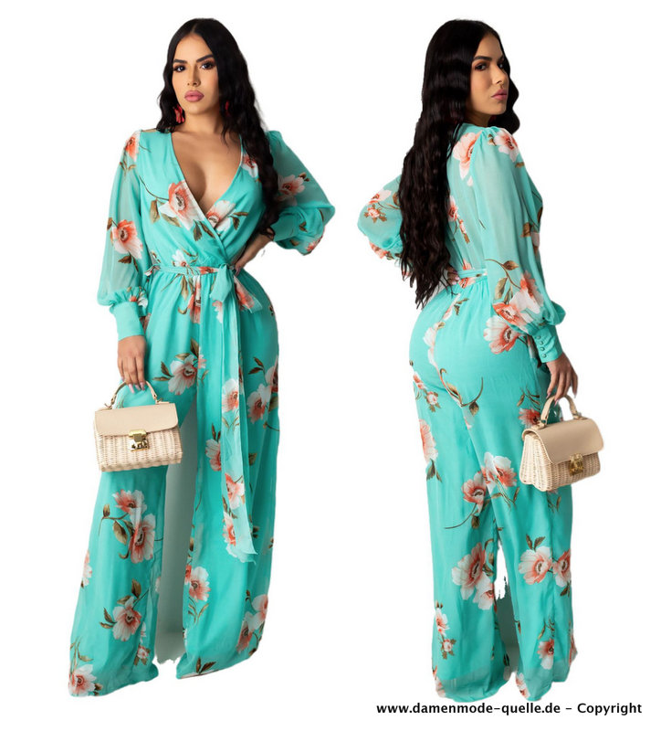 Bohostyle Overall Jumpsuit Einteiler in Grün mit Blumenmuster