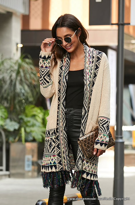 Bunte Boho Pullover Lange Strickjacke in Beige