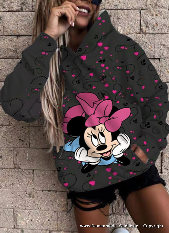 Cartoon Disney Minnie Print Hoodie für Damen Schwarz