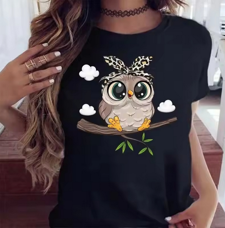 Cartoon Eule T Shirt 2025 für Damen Schwarz