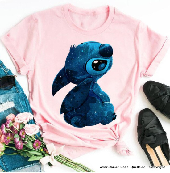 Cartoon Stitch Print Damen T-Shirt in Rosa